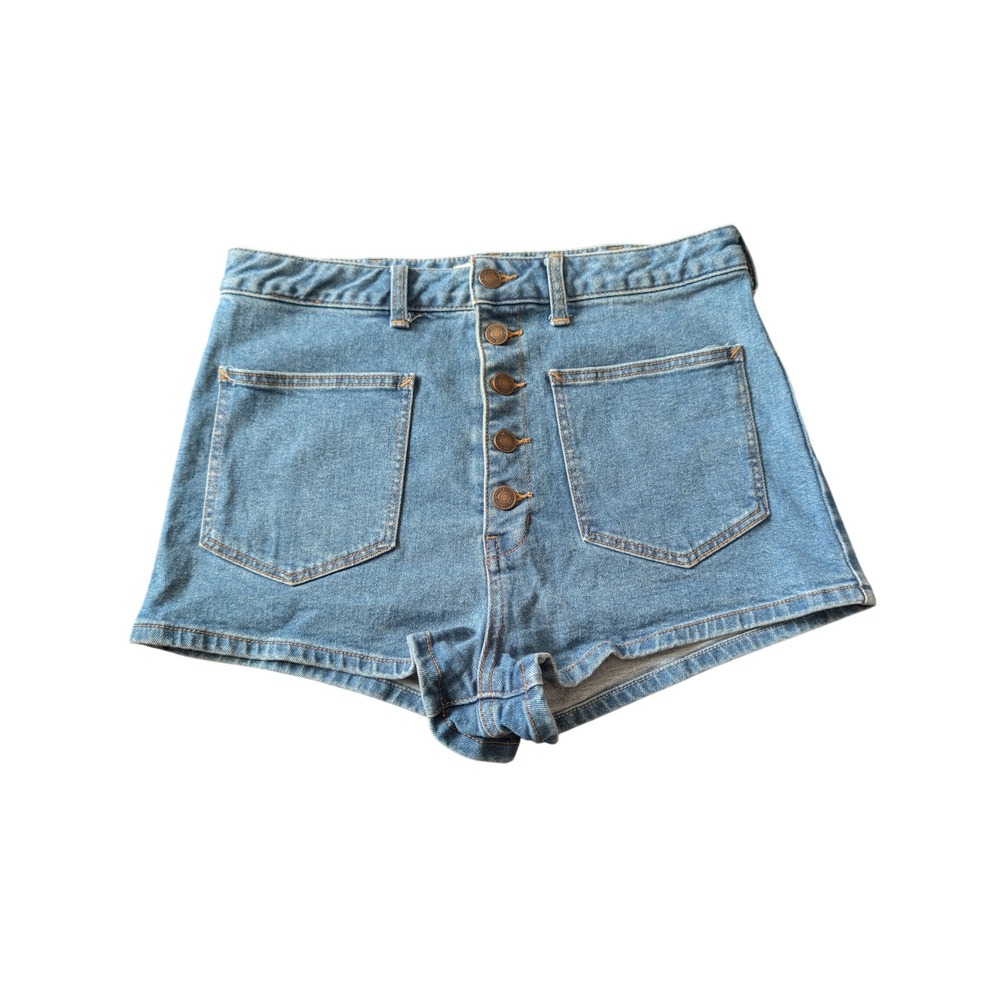 We The Free Blue Denim Button Fly High‎ Waist Patch Pocket Shorts 30 0593